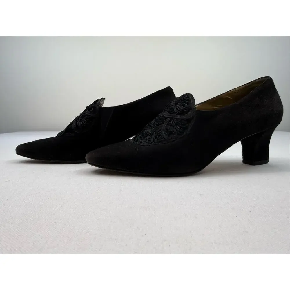 Sesto Meucci Black Suede‎ Pumps Embroidered Mesh Vamp Vintage 90s Womens Size 7